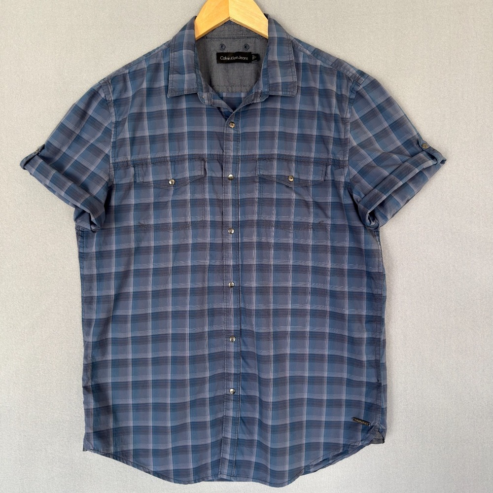 Calvin Klein Jeans Shirt Mens Medium Blue Plaid Short Sleeve Snap Button Pockets - Picture 3 of 14